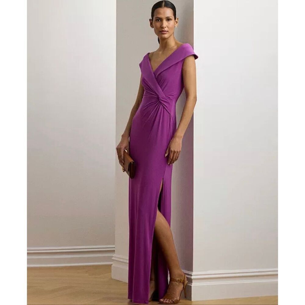 Lauren Ralph Lauren Jersey Off-the-Shoulder Formal Gown Dress Purple 2